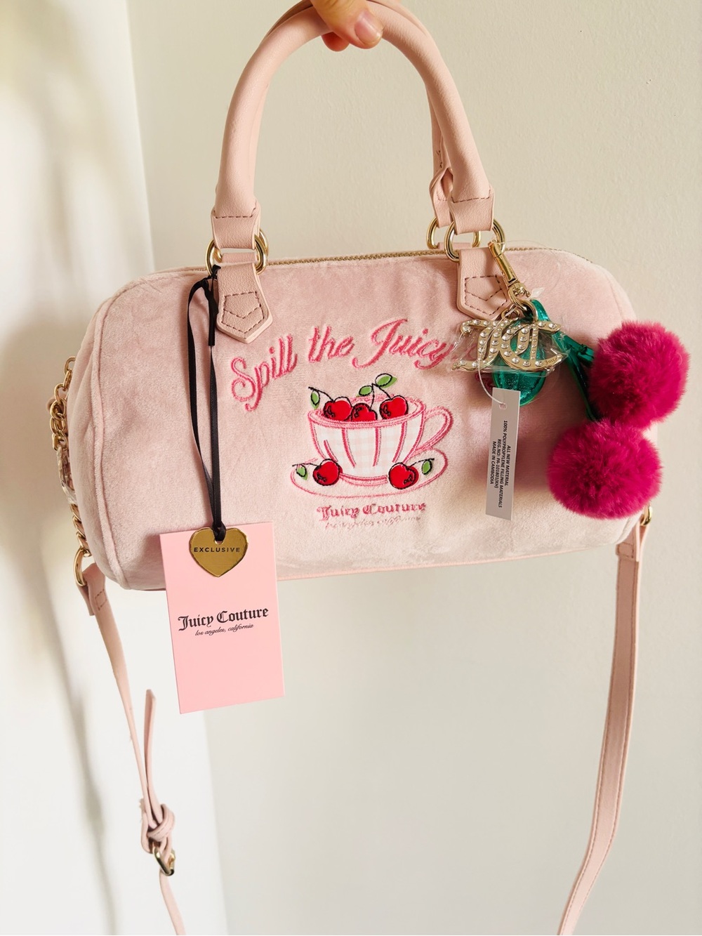 Juicy Couture Sweet Tea Party Satchel Pink Velour Cherry Charm Crossbody NWT